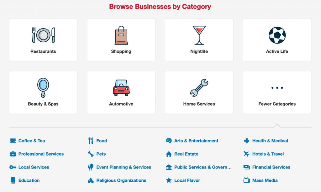 categorías de negocios de yelp